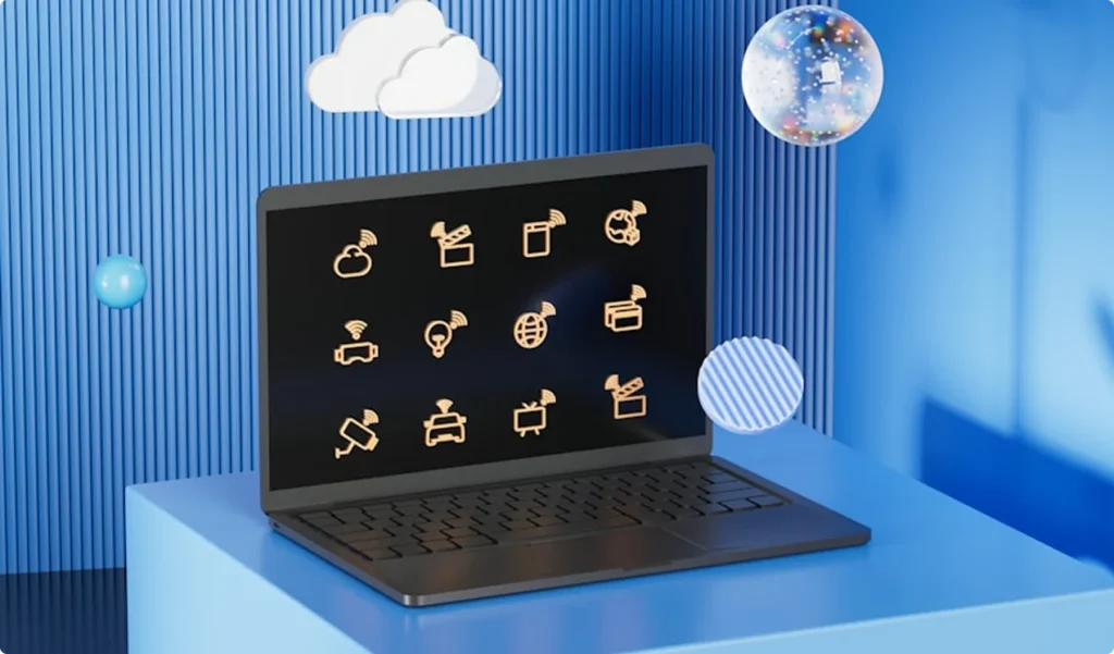 A laptop surrounded by cloud, globe, and connected-service symbols illustrates hosted online services.