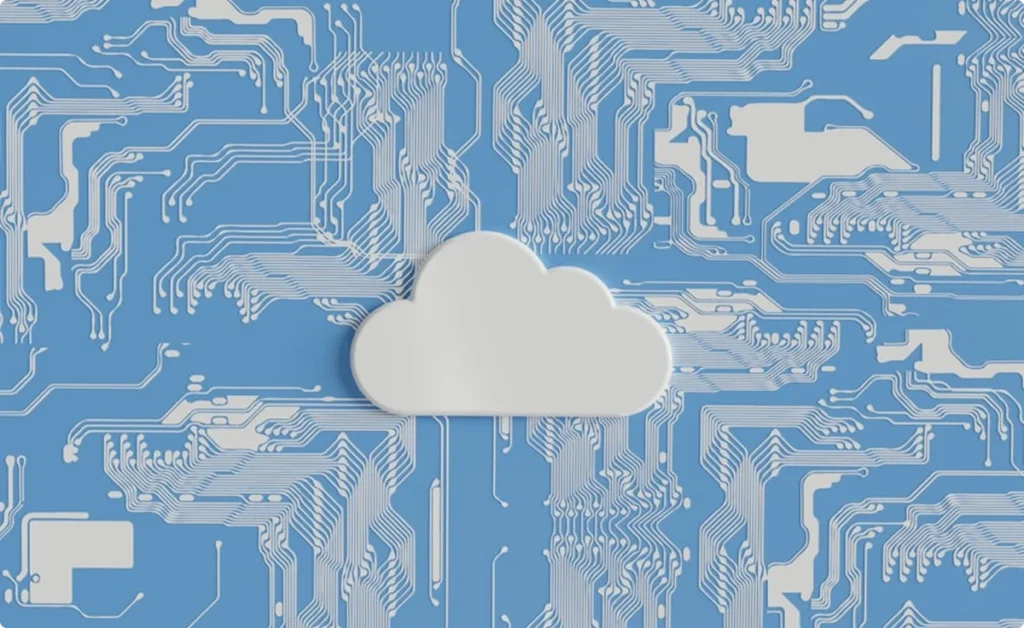 A white cloud above blue circuit-board paths illustrates connected hosting infrastructure.