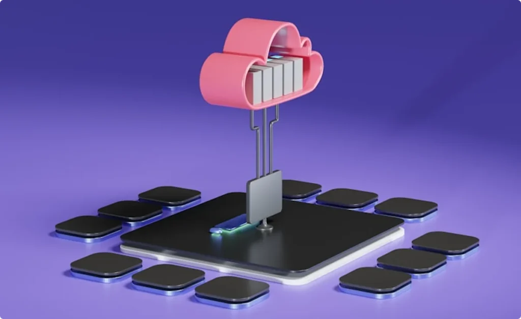 A cloud connected to multiple devices illustrates online storage and shared infrastructure.