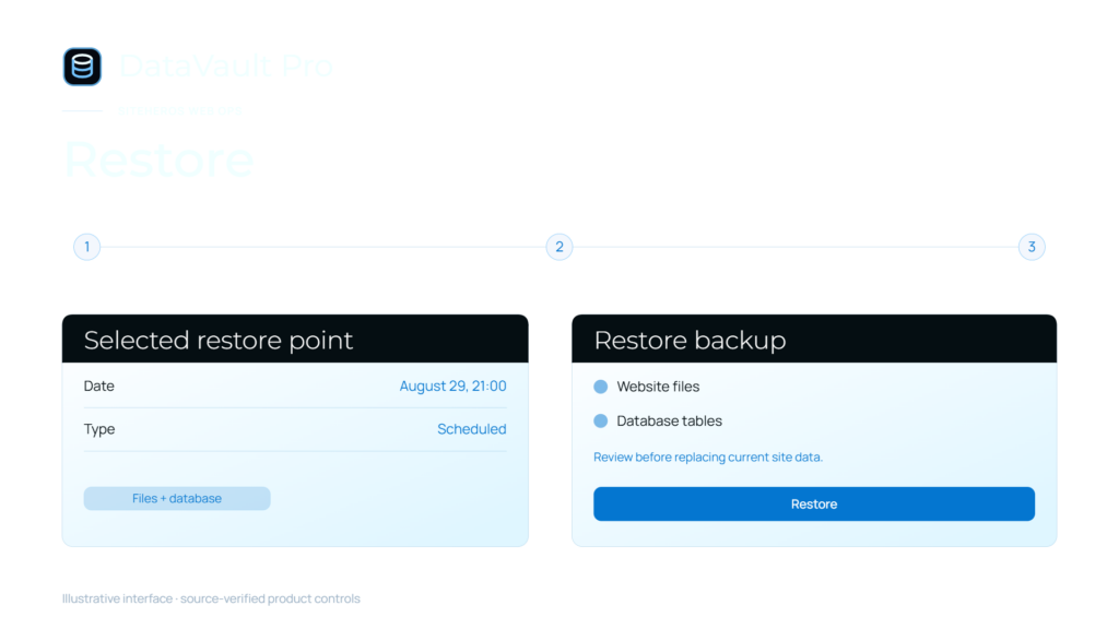 DataVault Pro restore interface with recovery-point and backup restoration options.