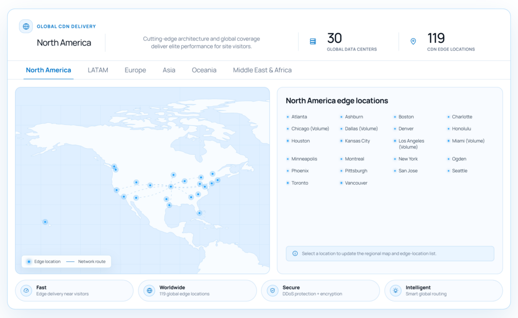 SiteHeros global delivery map showing data centers and CDN edge locations.
