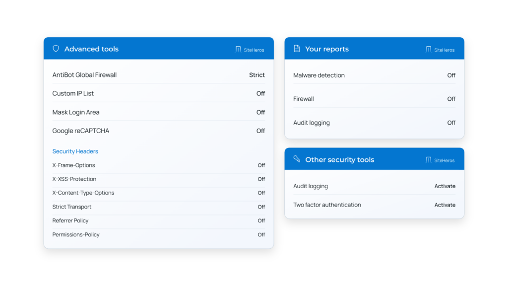SiteHeros security dashboard with access-protection settings and advanced controls.