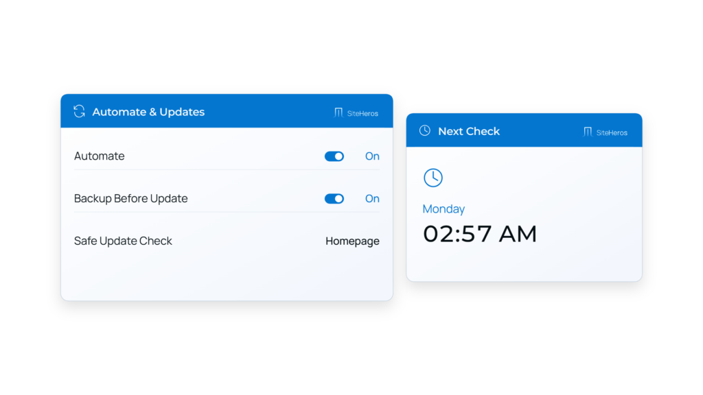 SiteHeros update dashboard showing scheduled software updates and the next maintenance check.