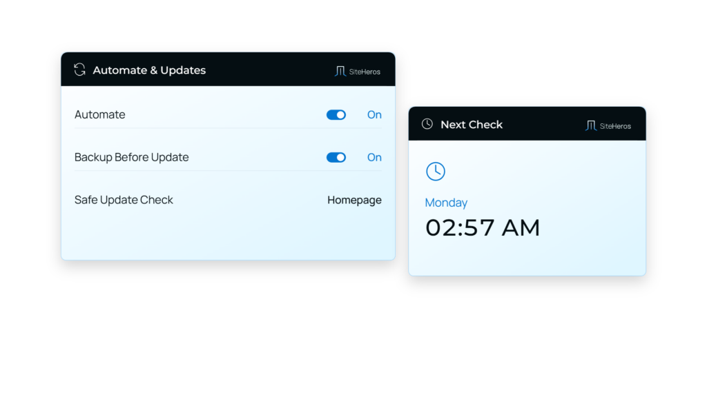 SiteHeros software update dashboard with scheduled maintenance checks.