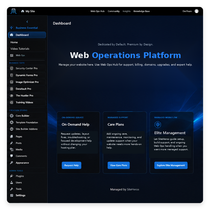 SiteHeros Web Ops Business Essential service illustration.