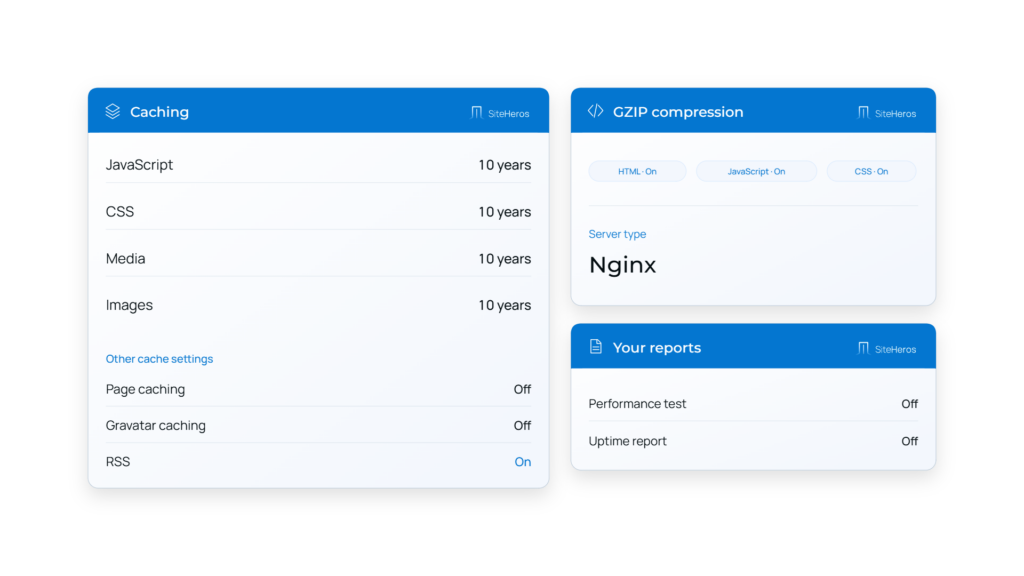 SiteHeros caching and compression controls for website performance.