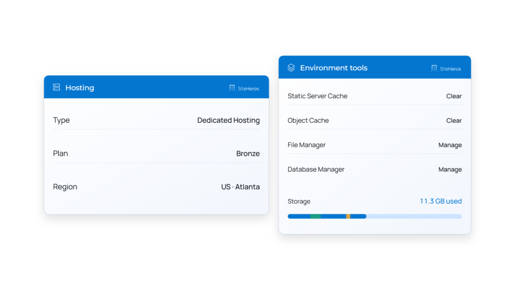SiteHeros dedicated environment panel showing isolated hosting infrastructure.
