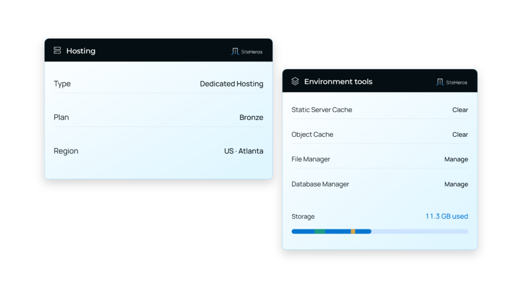 SiteHeros dedicated environment dashboard with hosting resource information.