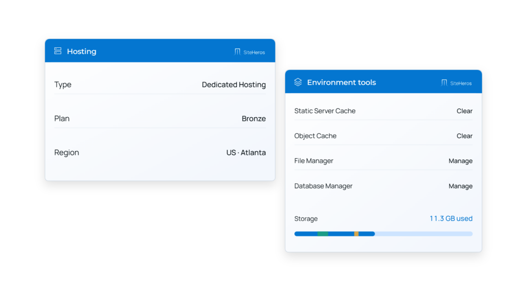 SiteHeros dedicated environment dashboard showing isolated hosting resources and infrastructure controls.