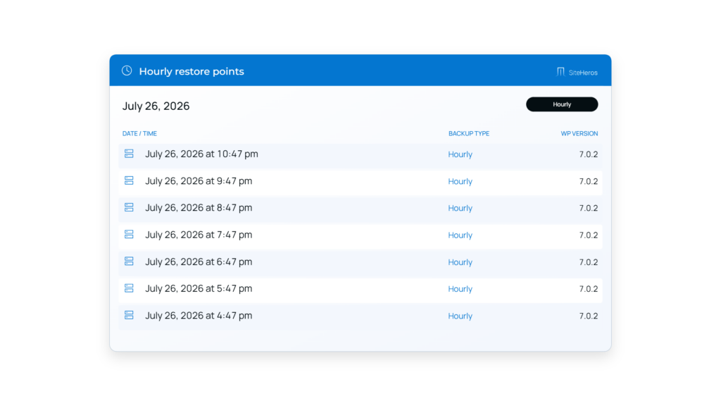 SiteHeros hourly backup restore points listed for website recovery.