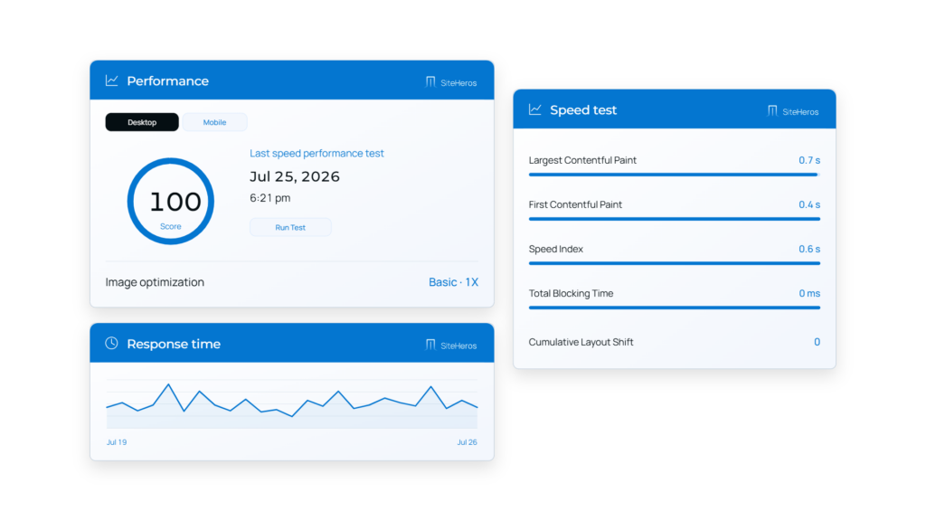 SiteHeros performance dashboard with website health and monitoring information.