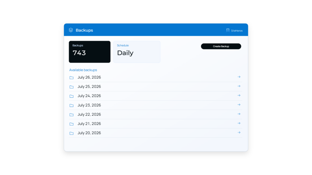 SiteHeros recovery history showing recorded website restore activity.