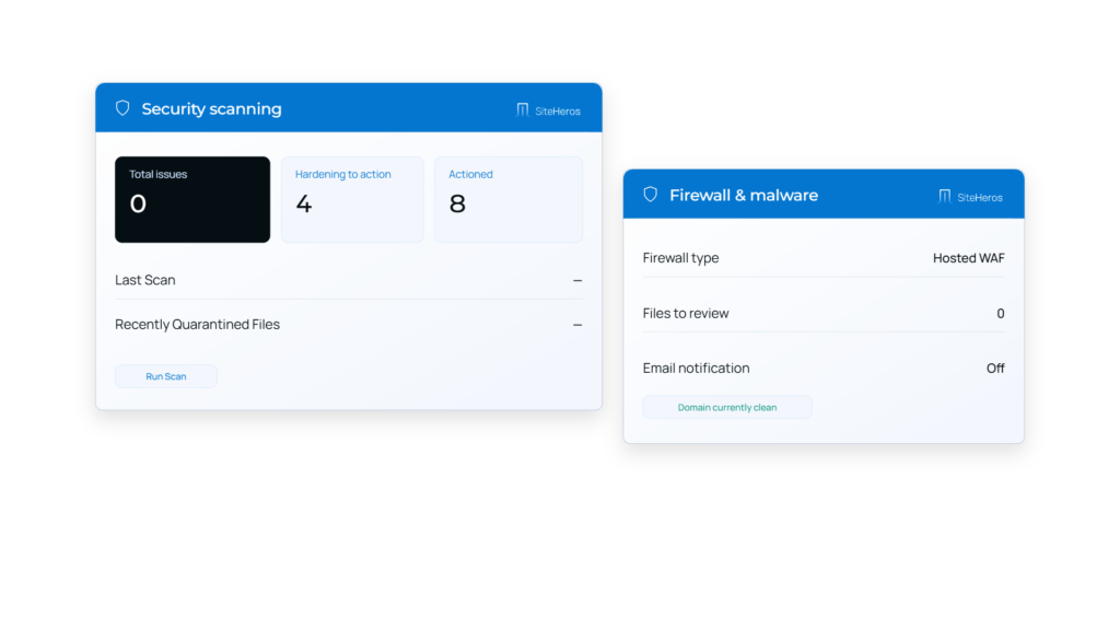 SiteHeros security dashboard showing website scanning and firewall protection controls.