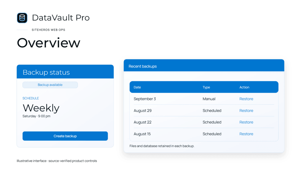 DataVault Pro illustration showing backup status, scheduling, backup creation and recent backup entries.