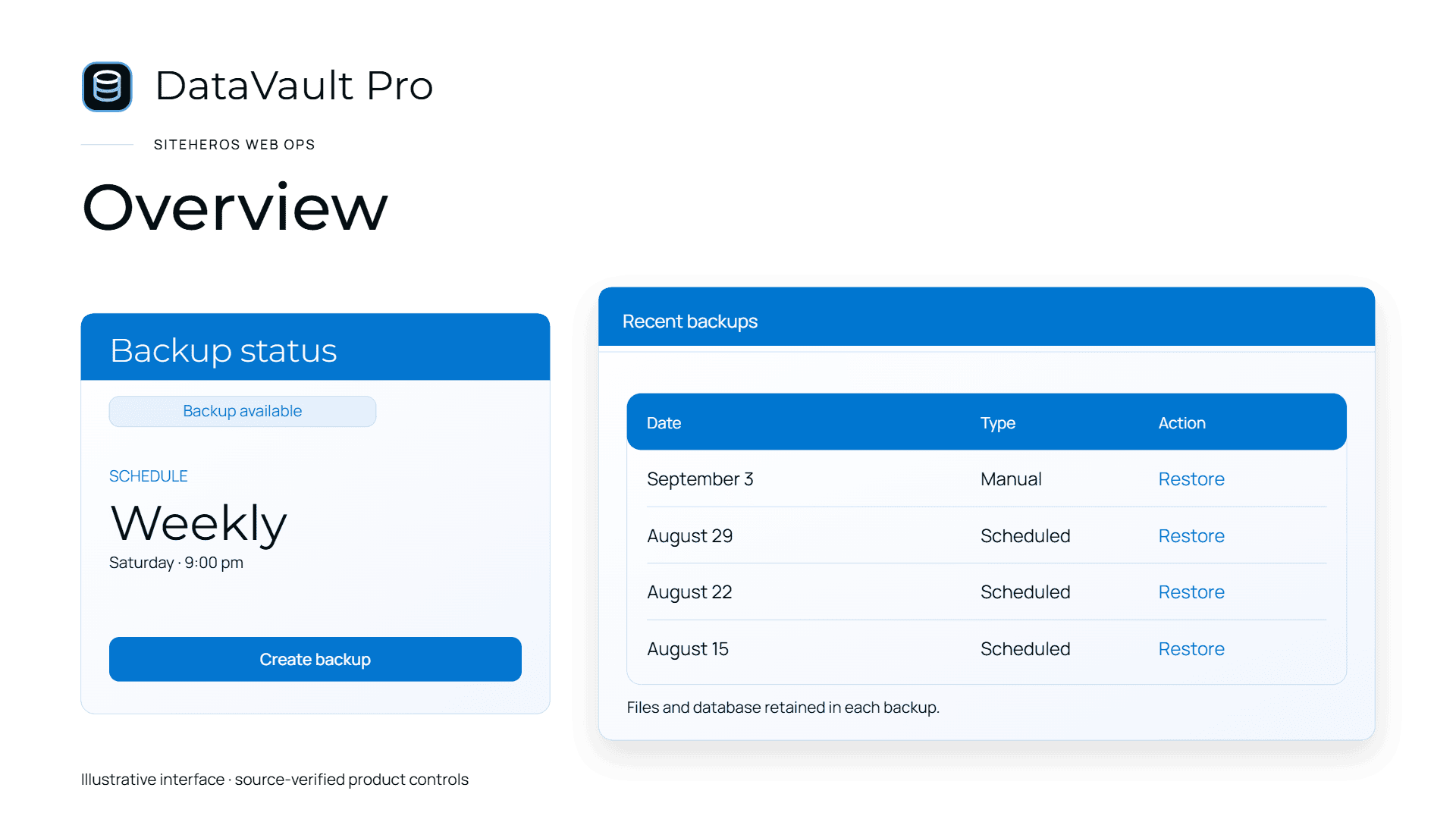DataVault Pro illustration showing backup status, scheduling, backup creation and recent backup entries.