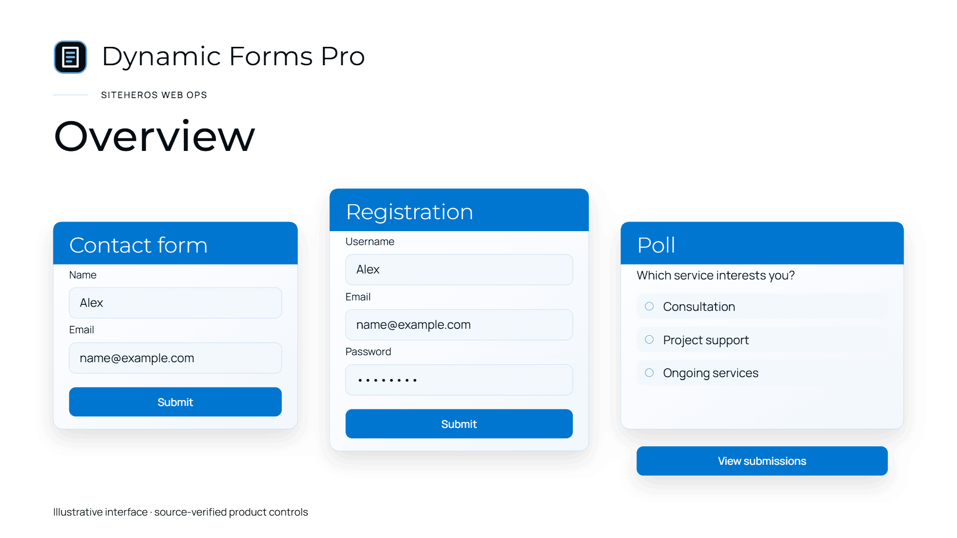 Dynamic Forms Pro product illustration showing contact, registration and poll examples.