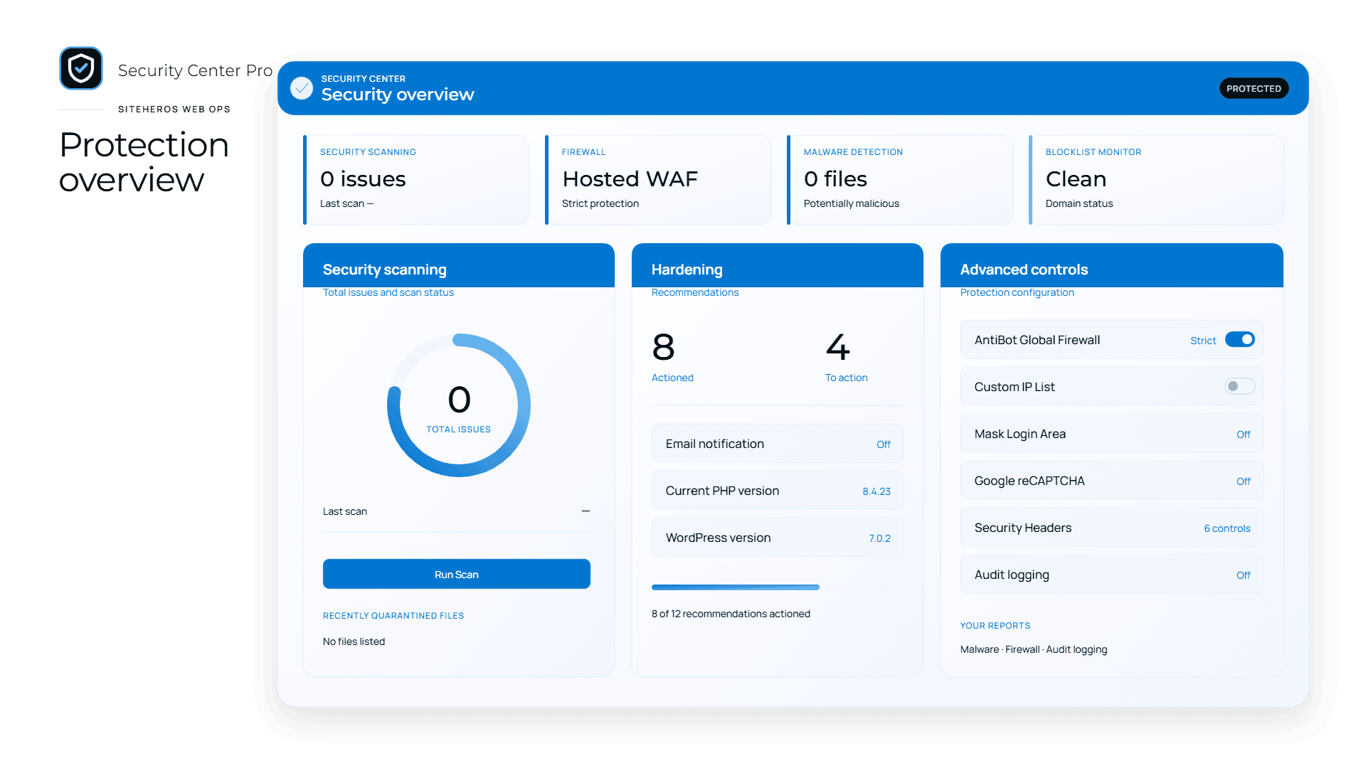 Security Center Pro illustration showing security scanning, firewall, malware monitoring and hardening panels.
