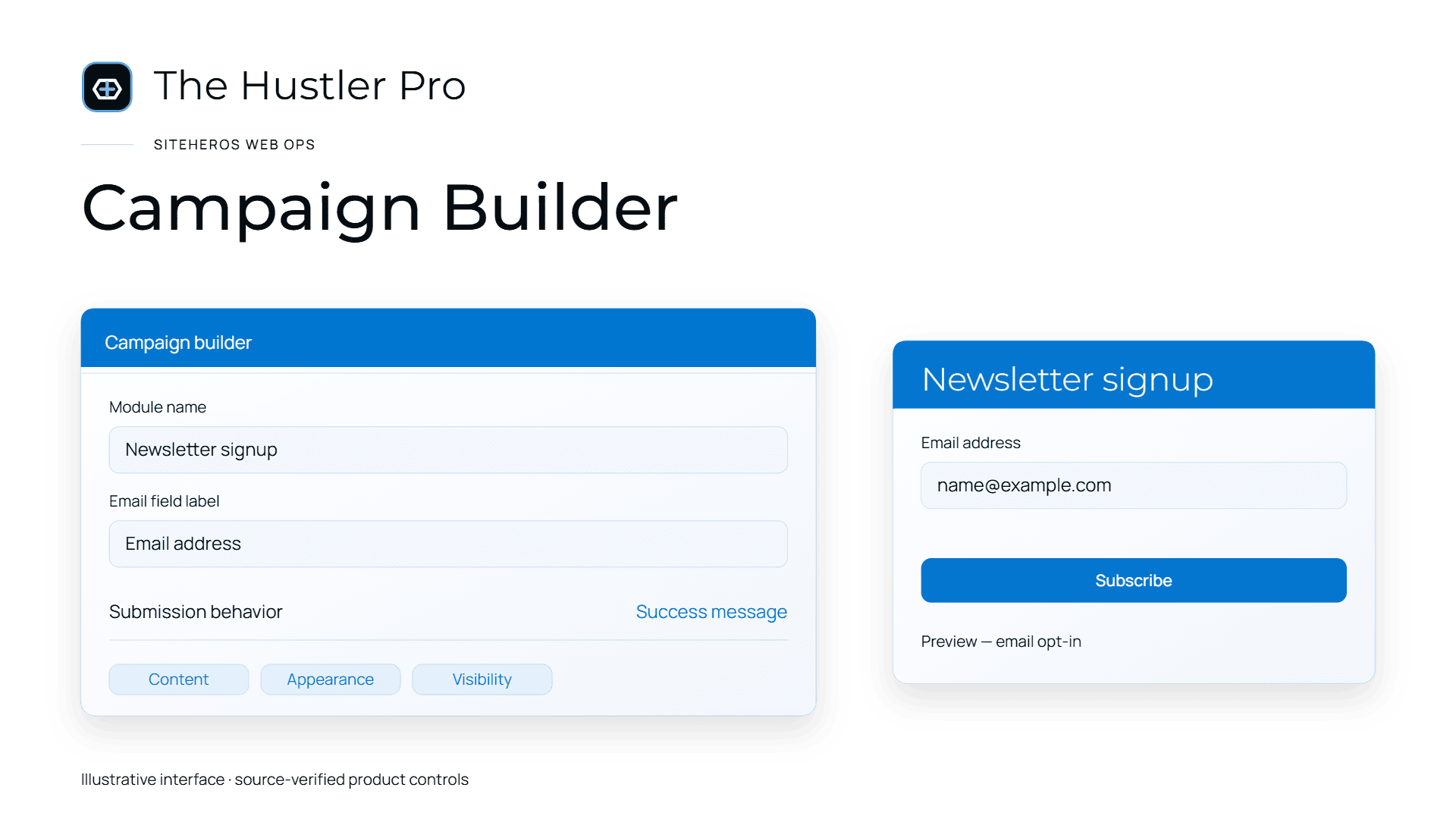 The Hustler Pro campaign-builder and newsletter-signup interface illustration.