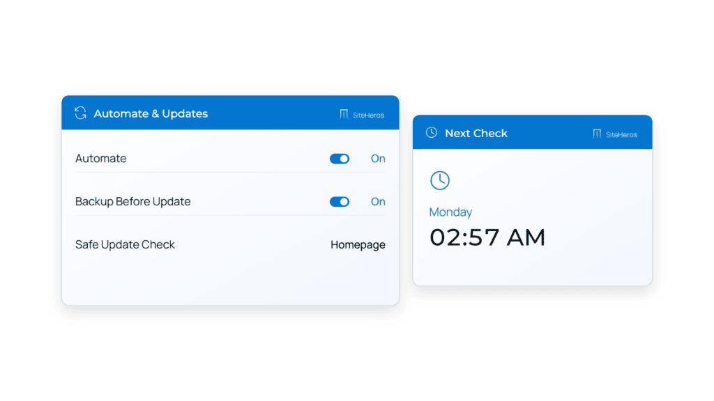 WebOps desktop illustration showing automated update status, the next check, backup-before-update and safe update controls.