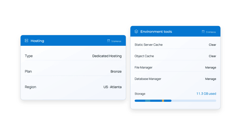 WebOps desktop illustration showing hosting type, plan and region alongside cache, file, database and storage controls.